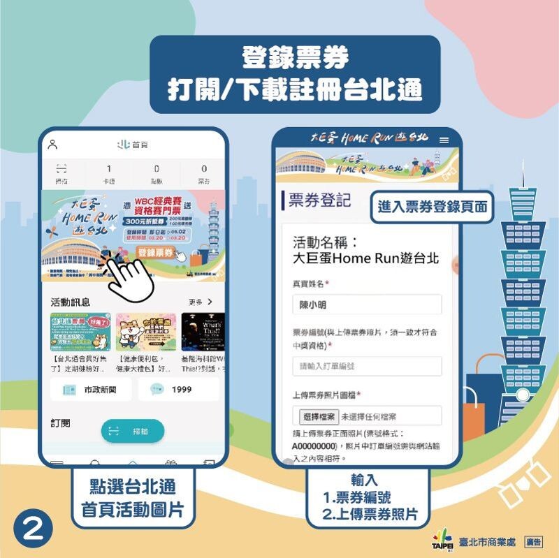 可直接透過台北通首頁活動Banner登錄票券。（北市商業處提供）