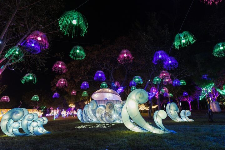 ▲百組燈組點亮中央公園夜空。　圖：臺中市政府觀光旅遊局／提供