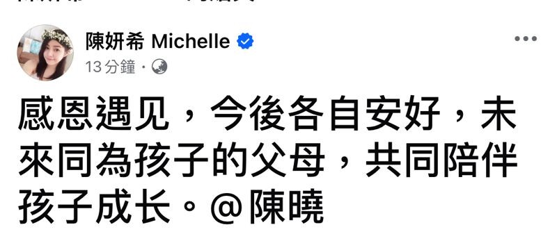 陳妍希發聲明證實離婚。(翻攝自陳妍希臉書)