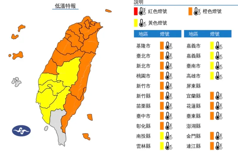 ▲8日至10日清晨寒流影響，各地天氣非常寒冷，今（8）日彰化以北、宜蘭、花蓮、臺東及金門、連江局部地區有持續10度左右或6度以下氣溫發生機率。（圖／翻攝自中央氣象署）