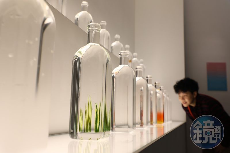 在雨展區,設計師在透明瓶中呈現日語中的雨景描述,詩意地轉化自然景觀。