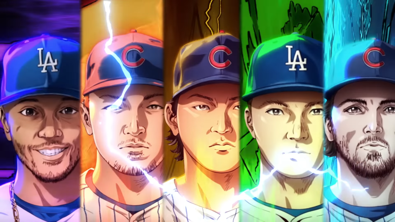 現知名球星貝茲（Mookie Betts，左1）、史旺森（Dansby Swanson，右1）等人也在短片中現身。（翻攝自アニプレックス チャンネルYT頻道）