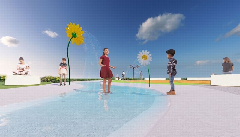花漾水樂園向日葵造型噴水區。（新北市高灘處提供）