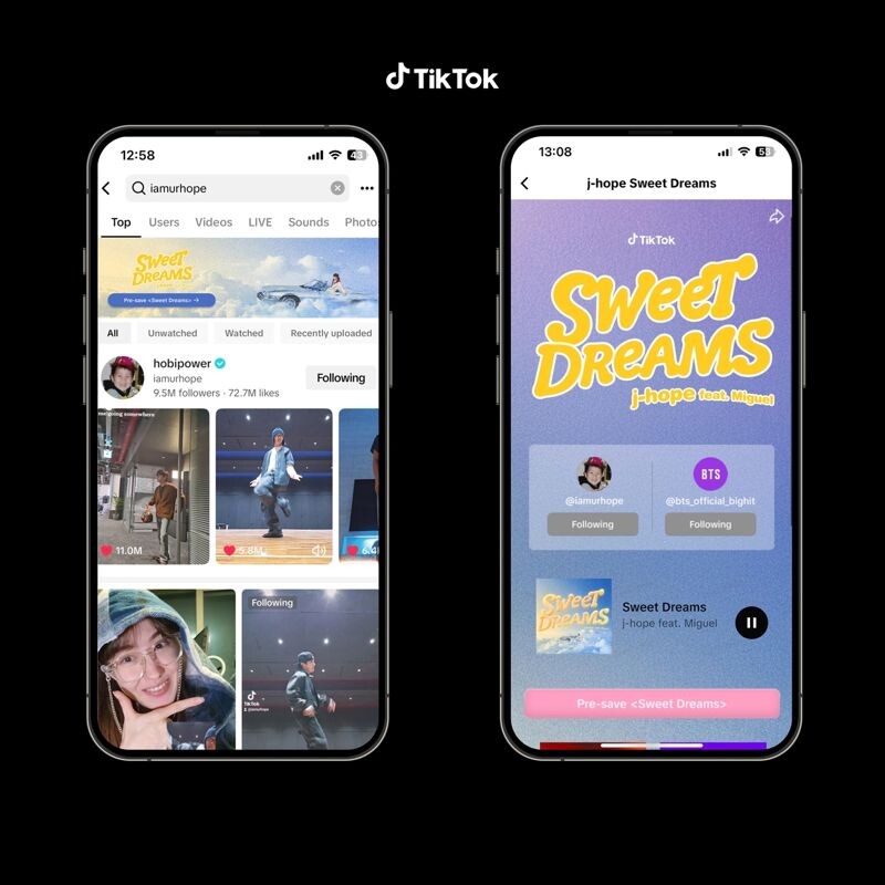 只要在 TikTok 搜尋「j-hope」或「sweet dreams」,就能直達專屬預告頁面。(TikTok提供)