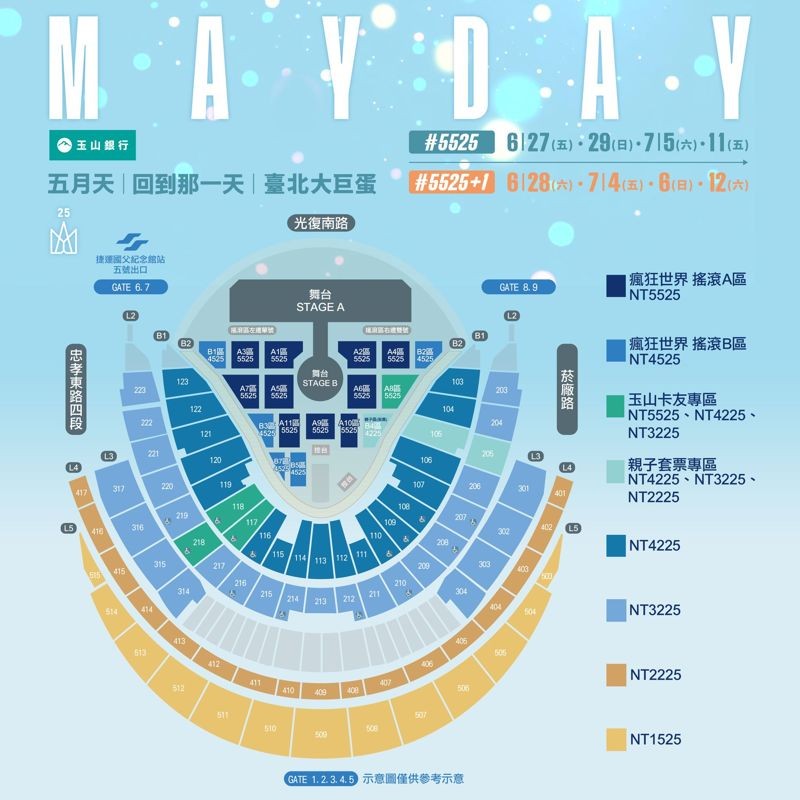 五月天5525《回到那一天》25週年巡迴演唱會大巨蛋場票價圖。（翻攝相信音樂臉書）