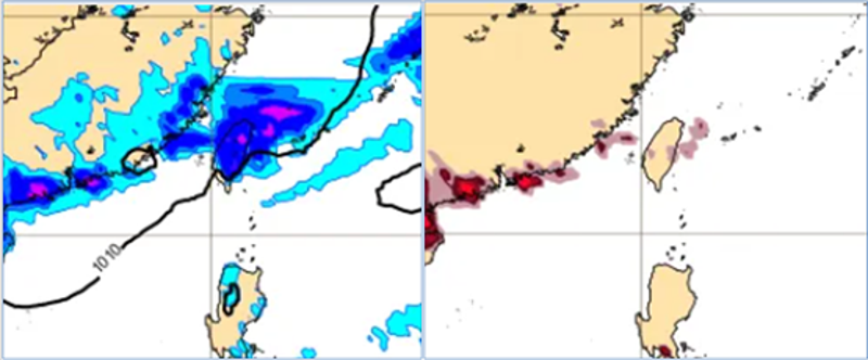 左圖為明日14時地面氣壓及降水模擬圖顯示，鋒面影響，中部以北、東半部及南部山區、有局部陣雨或雷雨。右圖為明日14時閃電頻率（前6小時累計）模擬圖顯示，鋒面伴隨閃電，但頻率偏低。（翻攝自氣象應用推廣基金會專欄）