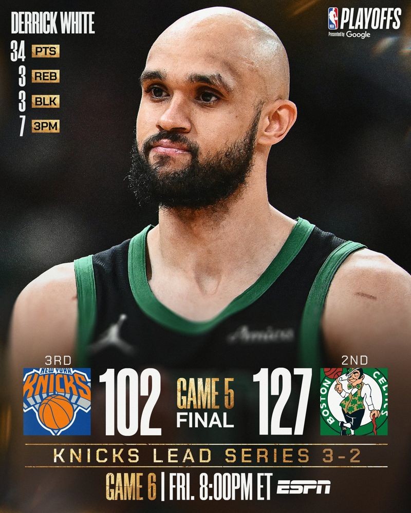 塞爾提克G5狂轟22顆三分贏球，將系列賽逼進第6戰。。（翻攝自X@NBA）