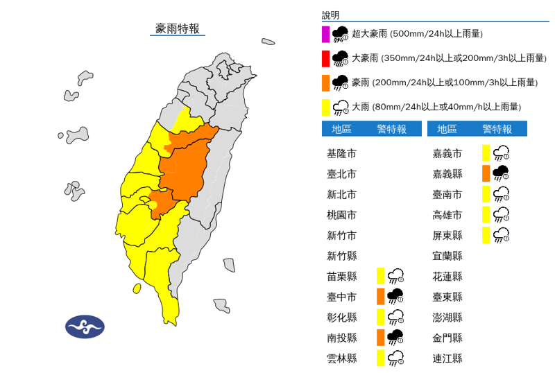 氣象署對10縣市發布豪雨、大雨特報。（氣象署提供）