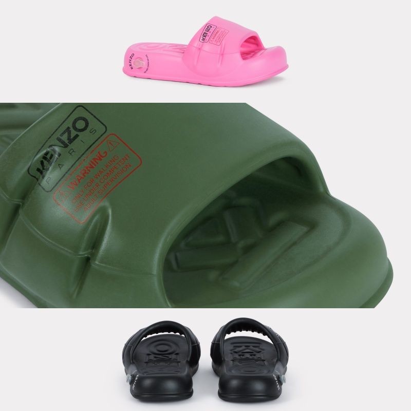 KENZO Splash拖鞋共有煙燻粉、軍綠色以及黑色可供選擇。各NT$10,300(惇聚國際提供)