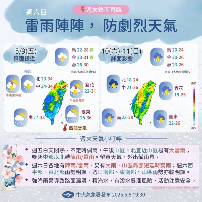 週末出遊應攜帶雨具，並嚴防強降雨。（中央氣象署提拱）