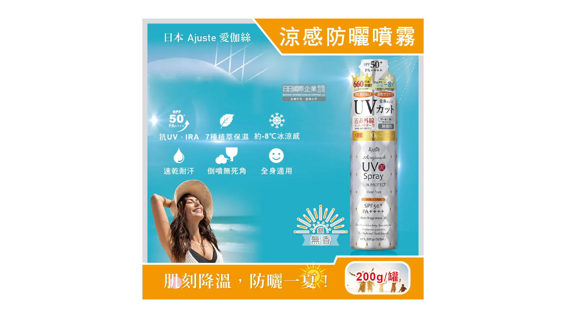夏日必收好物！Ajuste 日本植萃保濕冰涼感防曬噴霧推薦，速乾耐汗不黏膩。