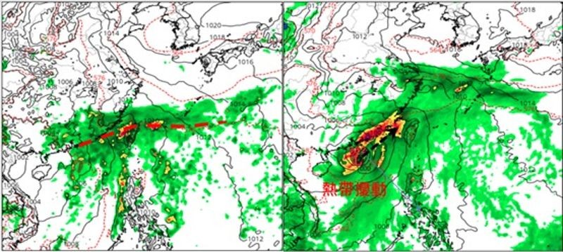 最新歐洲模式29日20時模擬圖顯示，第4波「梅雨季」鋒面移入，伴隨西南風的增強，有明顯降雨（左圖）。最新美國模式則模擬29日20時，南海有「熱帶擾動」，挾大量降雨移入（右圖）。（翻攝自氣象應用推廣基金會／圖擷自tropical tidbits）