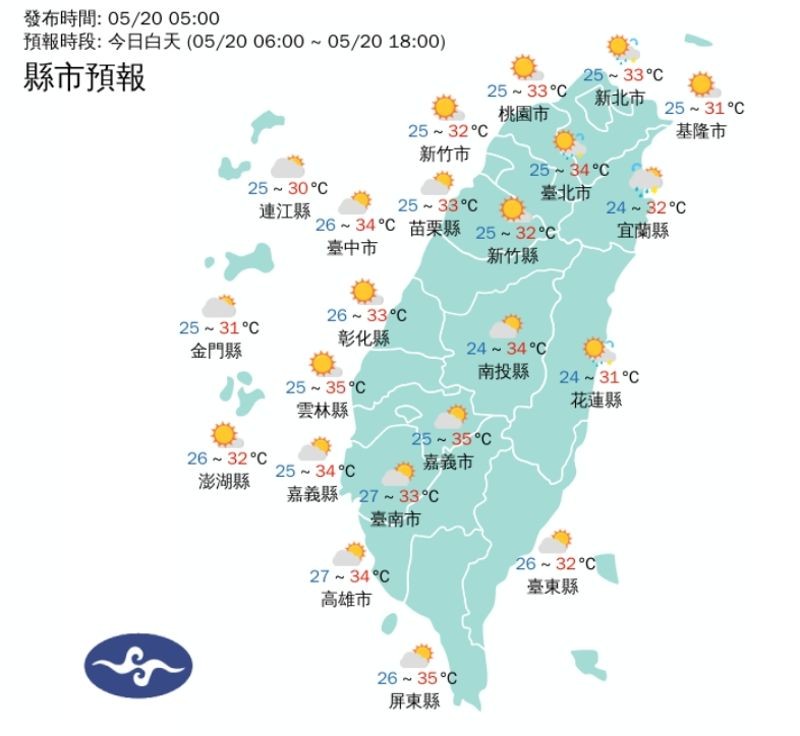 全台各地白天天氣一覽。（翻攝自中央氣象署官網）