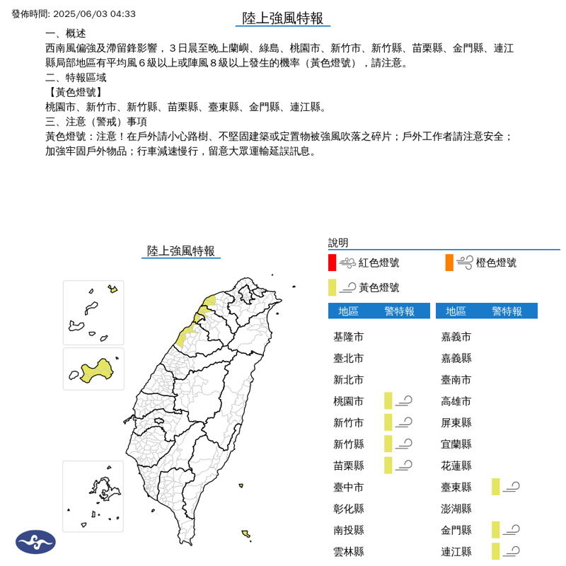 受西南風偏強及滯留鋒影響，今晨至晚上蘭嶼、綠島、桃園市、新竹市、新竹縣、苗栗縣、金門縣、連江縣局部地區有平均風6級以上或陣風8級以上發生機率。（氣象署提供）
