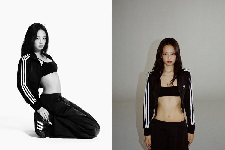 Jennie以一身All Black運動套裝詮釋出俐落又性感的運動時尚，身穿經典Adidas Firebird三線運動外套與寬版長褲，內搭極簡Bra Top展露腰線與身形比例。