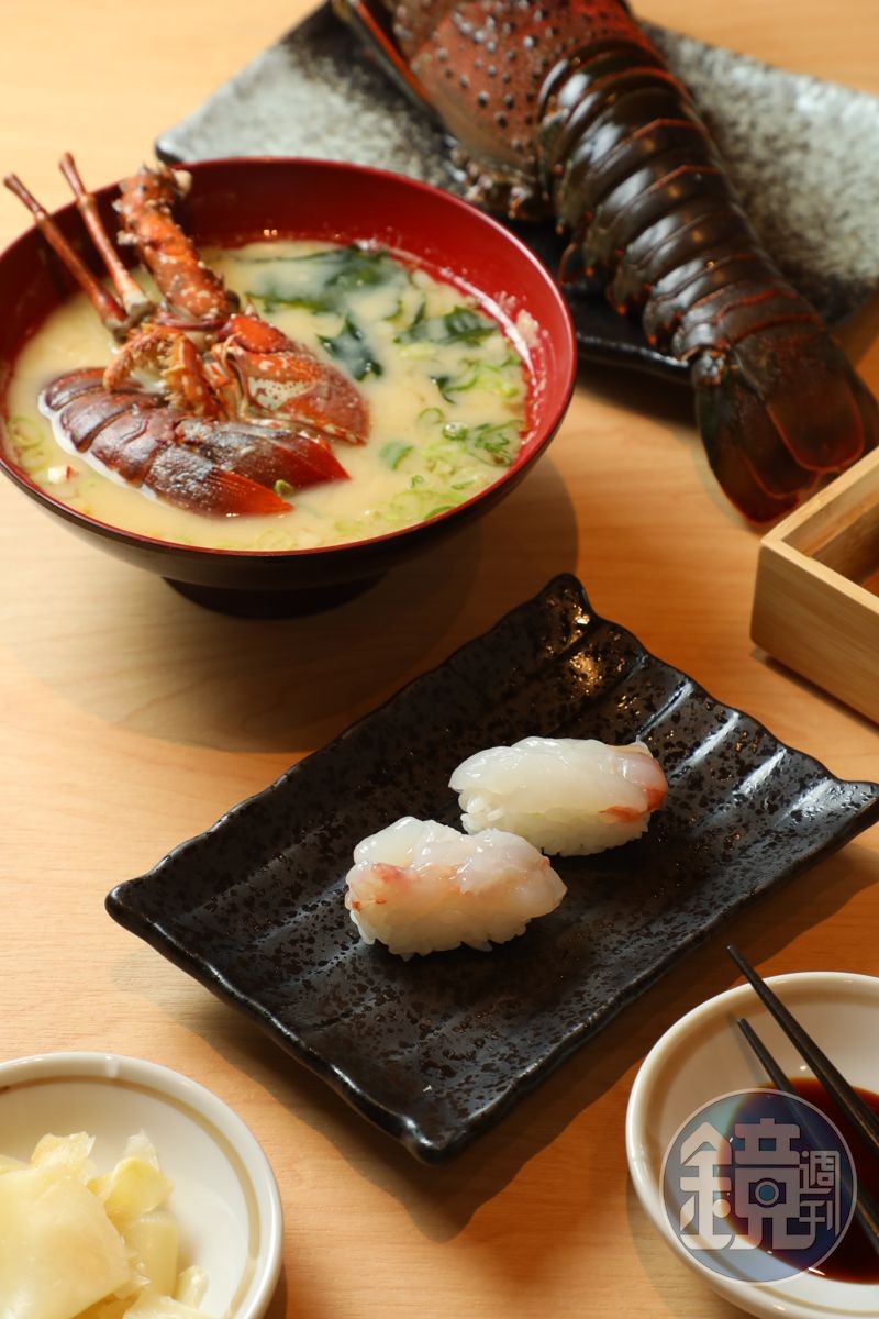 「伊勢龍蝦握壽司」(中,250元/貫)與「伊勢龍蝦高湯味增」(後,120元/碗)為來自日本千葉縣的奢華海味。