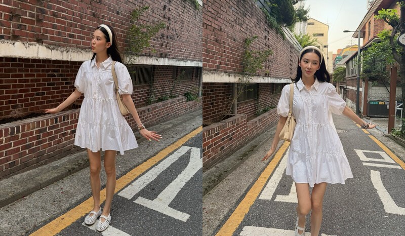 韓國時尚博主Irene Kim身穿娃娃襯衫式白色洋裝,搭配洞洞芭蕾舞鞋
