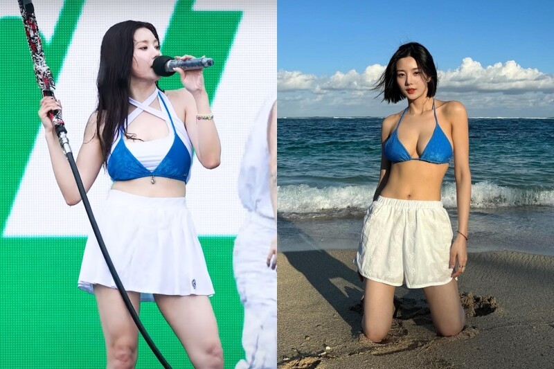 權恩妃2024年Waterbomb舞台造型,以Chrome Hearts藍色比基尼上衣搭配白色網球裙