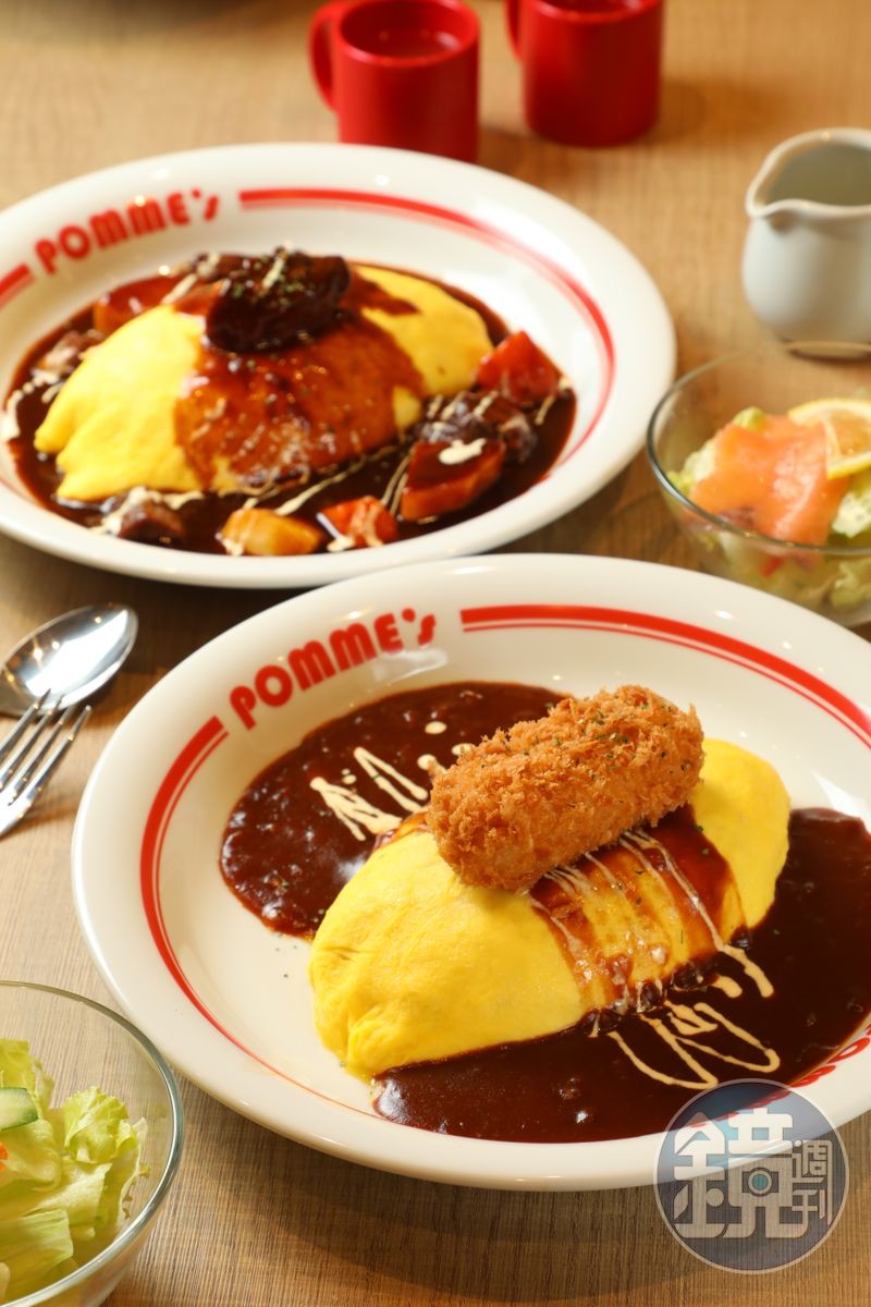 「奶油蟹肉可樂餅牛肉燴醬蛋包飯」(前,329元/S號)與「Premium燉牛肉蛋包飯」(後,499元/S號)是人氣前三名。