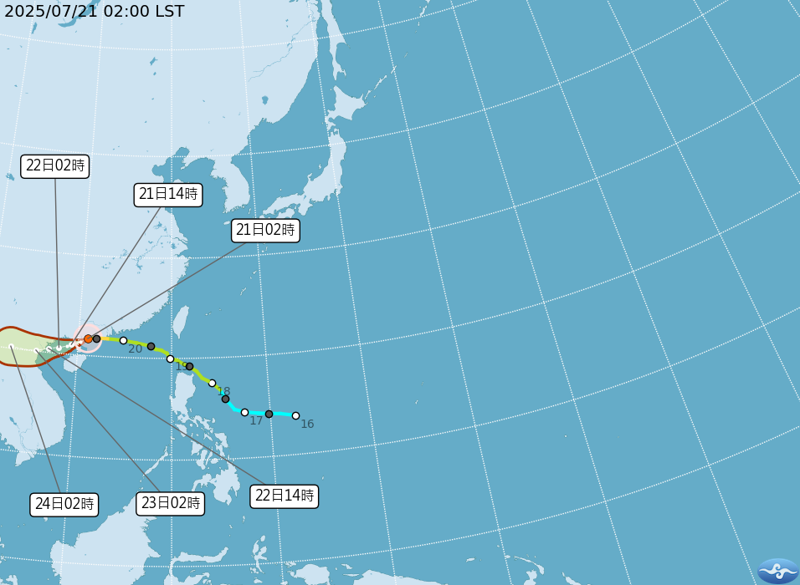 輕度颱風薇帕雖遠離,但其外圍雲系與低壓帶影響,今天全台各地降雨機率偏高。(中央氣象署提供)