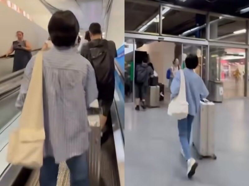 宋慧喬於機場的私服穿搭,肩背Àvie muah白色大型三角肩背包