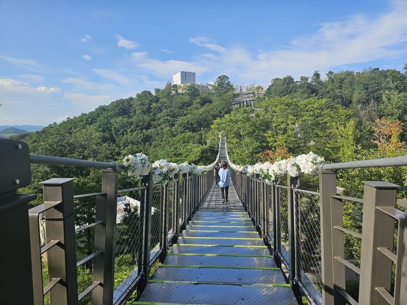 沿著公園內的吊橋,就能從展覽館這邊走向星巴克咖啡館。(京畿觀光公社提供)
