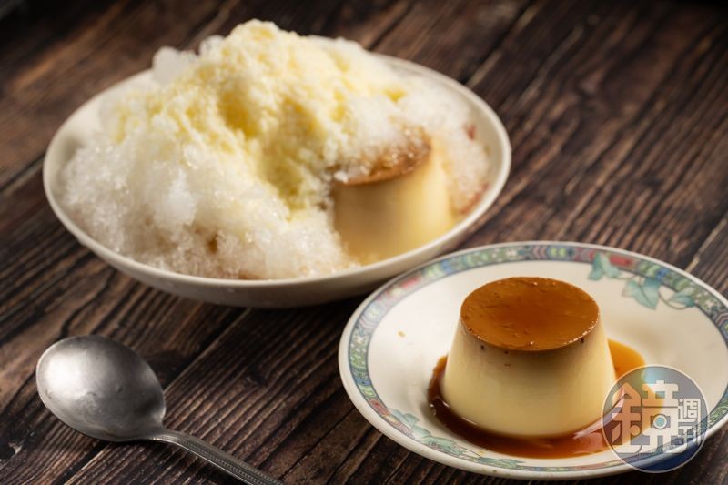 使用台南工作室手工製作的「布丁」(前,25元/顆)口感紮實,製成「布丁煉乳冰」(後,50元/碗)也超好吃。