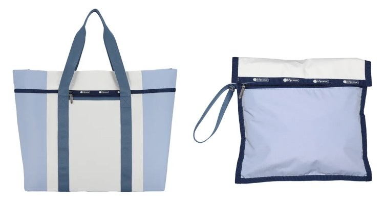 以印花、各種亮色系包款聞名的Le Sportsac，新登場的可摺疊收納托特包，以清爽的淺藍與米白拼色設計展現活力與簡約質感。