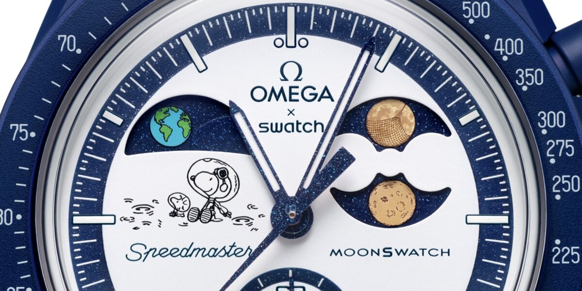 地相盤底部,藏著 Snoopy 與 Woodstock 在月球驚嘆觀賞地球的可愛畫面,展現 Swatch 一貫的童趣與創意。
