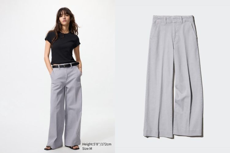 Uniqlo這款寬版牛仔褲,以高腰修身的俐落剪裁展現修長比例,結合貼合腰線的鬆緊設計,兼具造型感與舒適度。