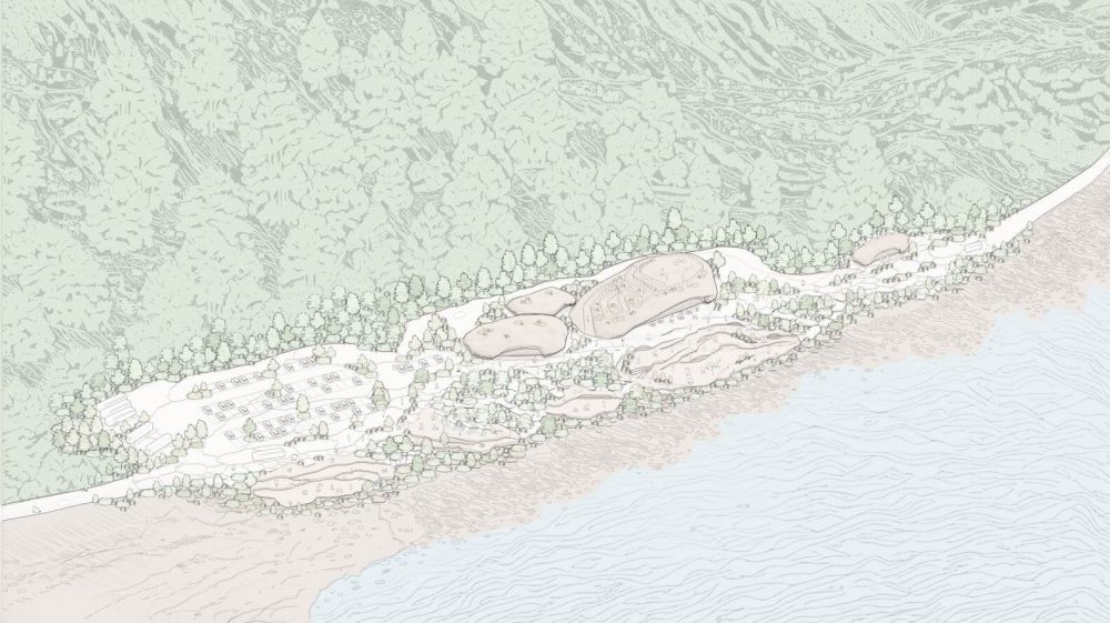 建築將以混凝土打造，並使用拆除建築所產生的再生骨材，預期這些材料最終會被苔蘚與小型植物覆蓋，以進一步融入自然景觀，「在我們的設計中，人造元素的形狀來自周圍的自然，就像場地的自然延伸，而非外來之物。我們的目標從不是將建築強加於景觀之上，而是讓它從自然條件中自然生成，打破筆直線條的單調。」MVRDV 共同創辦人 Winy Maas 說道。