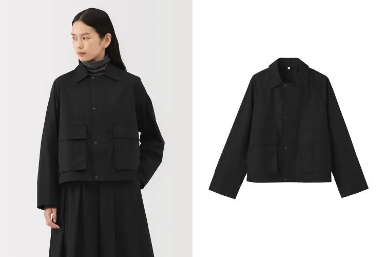 Muji Labo這件外套設計上運用插肩袖，帶來自在的活動感，下擺抽繩細節則能自由調整廓形，可以是率性寬鬆，也能收束展現俏皮輪廓