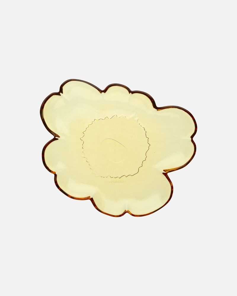 Marimekko Syksy玻璃系列琥珀金Unikko游霓可花型盤。NT$1,890(俊思提供)