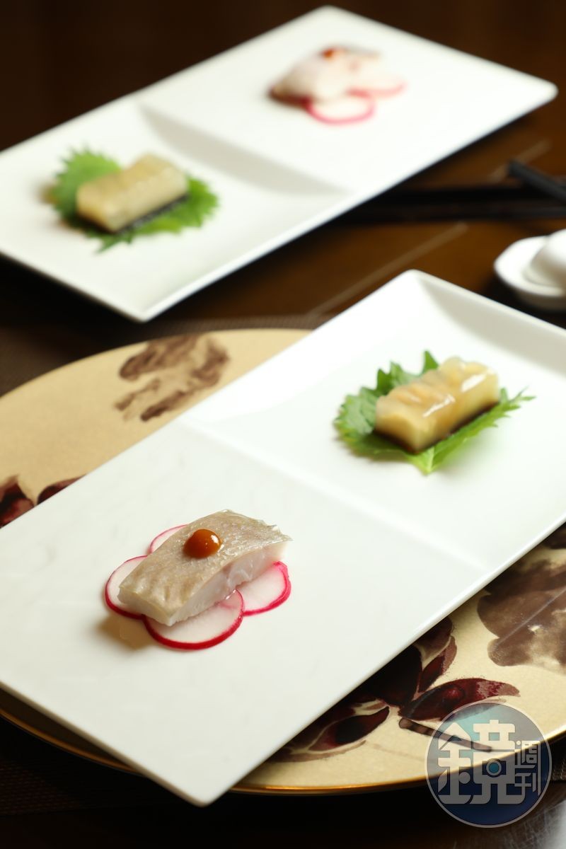 「潮州凍魚」(前)是潮州老菜,「陳醋花膠凍」(後)則是葉志祥師傅創新發想的花膠涼菜。(8,880元三華盛宴套餐菜色)