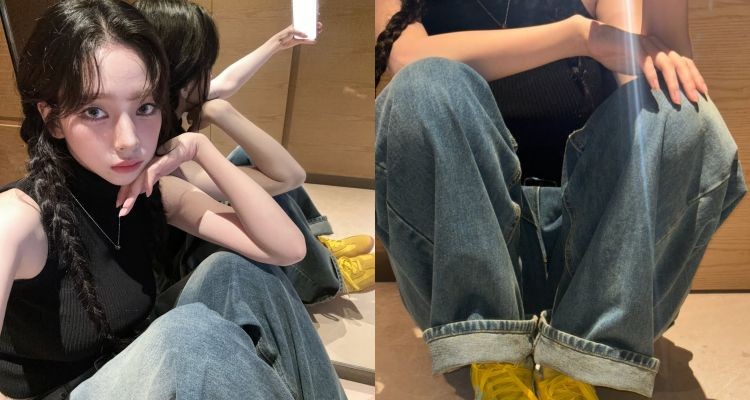 Karina上身的無袖設計展現率性線條,下身則以寬鬆褲型中和,形成「合身+寬大」的對比美學。