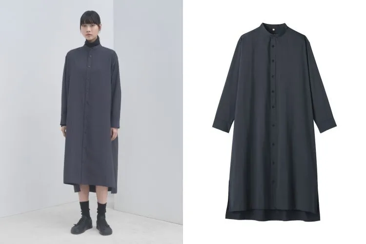 Muji Labo這款洋裝以木漿再生纖維與植物來源的莫代爾混紡製成，布料柔滑細膩，兼具親膚舒適與吸濕排汗特性。