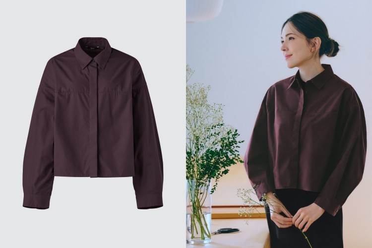 Uniqlo C系列短版襯衫採用輕盈卻挺括的府綢面料,兼具透氣與支撐結構感。短版剪裁自然修飾腰線,讓比例瞬間拉長,展現顯瘦效果。寬