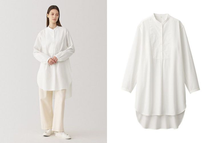 Muji Labo這款長版白襯衫以蠶絲材質製作,布料貼膚時帶來細緻順滑的觸感,彷彿在肌膚間輕盈流動。