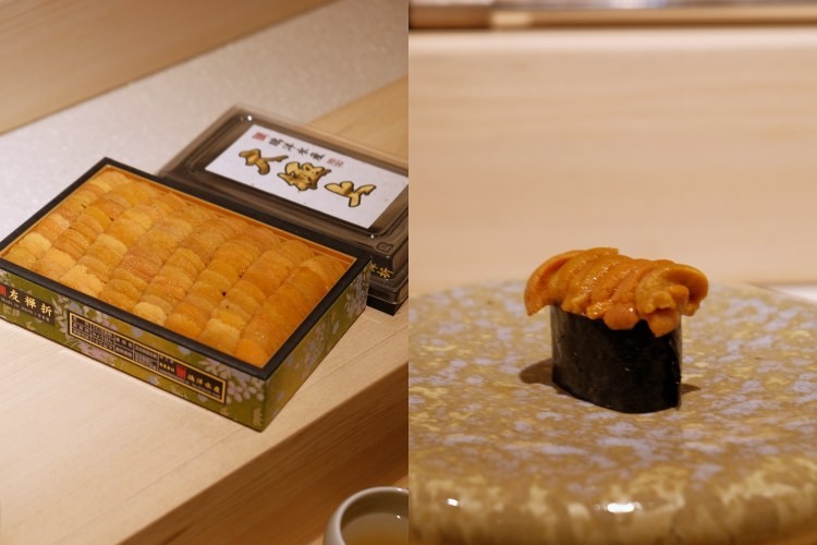 「大極上海膽壽司」回歸靜謐,琥珀色的海膽閃著細膩光澤,入口瞬間化為絲滑的海之精華。
