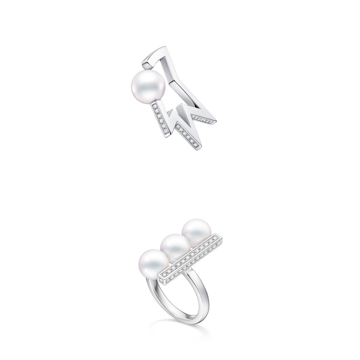 （上圖）TASAKI comet plus neo diamonds pave 阿古屋珍珠與18K白金耳骨夾，價格 NTD 111,000；（下圖）TASAKI balance plus neo diamonds pave 阿古屋珍珠與18K白金鑽石戒指，NTD 200,000。