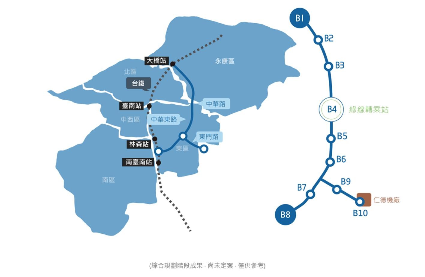 大台中轉運中心未來將透過捷運藍線串聯台中重要區域,成為關鍵交通節點。藍線西起台中港,沿台灣大道串聯沙鹿火車站、市政府、台中火車站,東至新建國市場,沿線行經多處醫療、教育與觀光據點,並與捷運綠線交會形成十字路網。不僅可有效分散台中車站人流,也能透過市政府站轉乘,串聯高鐵旅客動線,逐步完善台中整體軌道運輸系統。