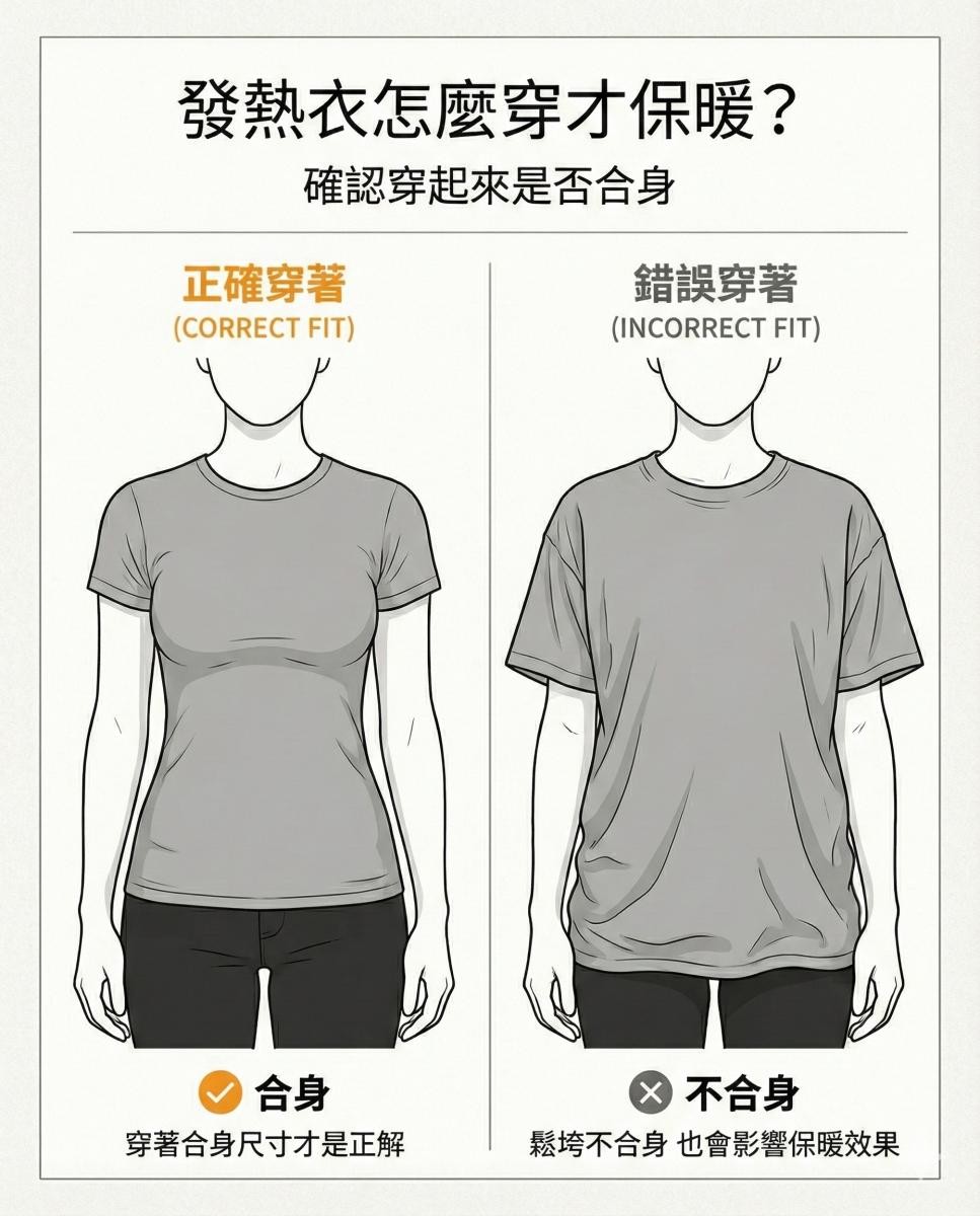 許多人誤以為發熱衣「越寬鬆越好穿」,但事實恰恰相反。Uniqlo 在官方圖示中明確指出,HEATTECH 的保暖原理,來自布料吸收人體散發的汗水與水蒸氣,並將其轉化為熱能,再藉由貼合肌膚的穿著方式鎖住暖空氣。若衣物因長期穿著、洗滌而變得鬆垮,身體與布料間產生過多空隙,熱能便容易流失,保暖效果自然大打折扣。從圖中對比可見,合身的發熱衣應順著肩線、腰身與手臂線條服貼,而非在腹部或袖口堆積皺褶。即使衣服沒有破洞,只要穿起來不再貼身,其實就已經不適合再擔任「保暖內層」的角色。選擇正確尺寸,遠比多穿一件更有效。