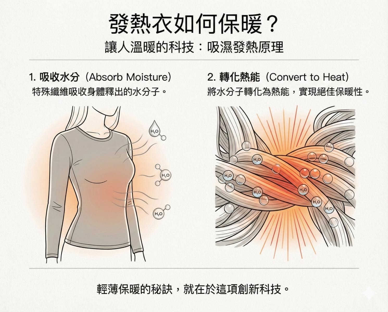 HEATTECH 的核心技術,並非單純加厚,而是來自特殊機能纖維的「吸濕發熱」特性。Uniqlo 官方說明,這類纖維能吸收人體散發的汗液與水蒸氣,並在吸濕過程中產生熱能,同時兼具保溫、柔軟與延展性。也因此,HEATTECH 穿起來不會像傳統厚重內衣那樣悶熱笨重,而是能在活動中維持乾爽與舒適。不過,這類機能仰賴纖維結構完整度,一旦因高溫烘乾、化學乾洗或長期磨損而受損,吸濕發熱效果便會明顯下降,這也是官方反覆提醒「正確洗滌」的重要原因。