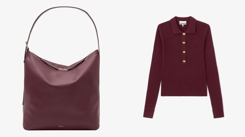 A.P.C. VERA荔枝皮深紅HOBO包 NT$24,300、GANNI 經典日常羊毛POLO衫-酒紅 NT$10,300