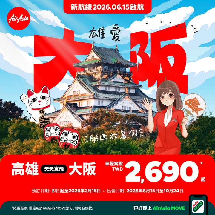 ▲AirAsia「雄愛大阪」，單程2690元起。　圖：AirAsia／提供