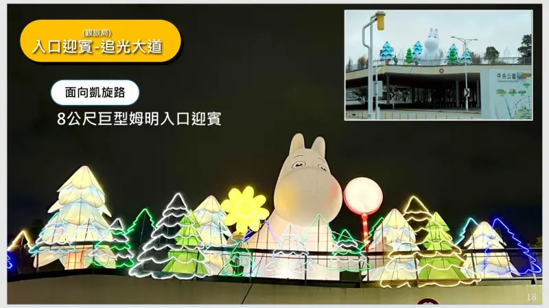 ▲中台灣燈會入口迎賓區處8公尺高的巨型姆明。(圖/台中市政府提供,2026.02.03)