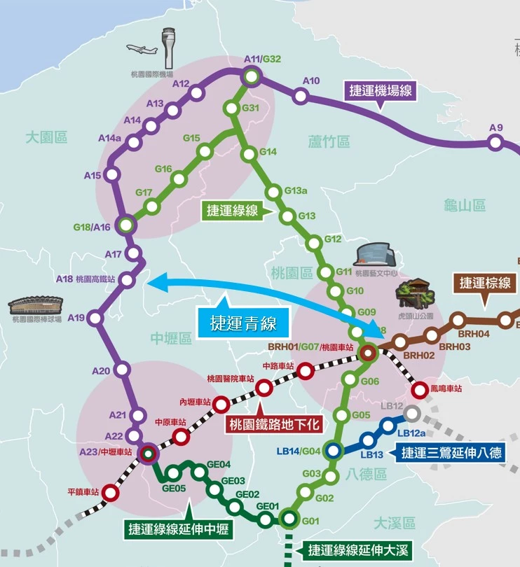 桃園捷運「青線」為桃園第二階段路網優先推動路線之一，是連結桃園市區與高鐵桃園站的重要軌道建設。自桃園火車站出發，路線主要行經桃園都市計畫區、蘆竹（大竹）都市計畫區及高速鐵路桃園車站特定區計畫範圍，終點站設於高鐵桃園站區，串聯桃園、蘆竹及中壢等行政區，為桃園市的重要交通骨幹之一。