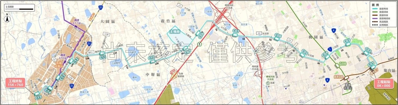 「青線」路線全長逾 15 公里，初步規劃採輕軌系統，設有 15 座車站及 1 座機廠，包括：C01 田徑場、C02 市議會、C03 新永和市場、C04 永和市場、C05 永安力行路口、C06 永安大興西路口、C07 永安 1360 巷口、C08 中興四街口、C09 中興龍安街口、C10 內定 116 巷口、C11 中興中正東路口、C12 高鐵桃園站、C13 高鐵南路、C14 公園永發路口、C15 領航洽溪路口。