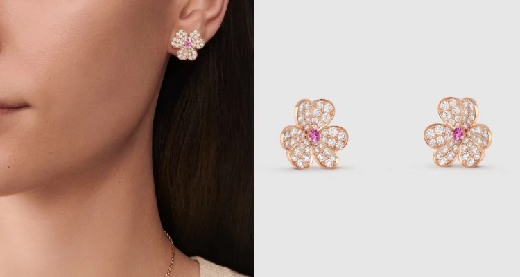 Van Cleef & Arpels的「Frivole」系列,將大自然的靈動縮影成耳際最溫柔的陪伴。三片心形花瓣以玫瑰金立體簇擁,密鑲鑽石的光芒與中央點綴的粉色藍寶石交織,宛如晨曦下綻放的繁花。在這個母親節,這對耳環不僅是珠寶,更像一份充滿詩意的謝禮。象徵著母親如花朵般優雅且堅韌的生命力,在歲月微風中始終閃耀著溫潤而恆久的偉大光輝。(商品價格店洽)
