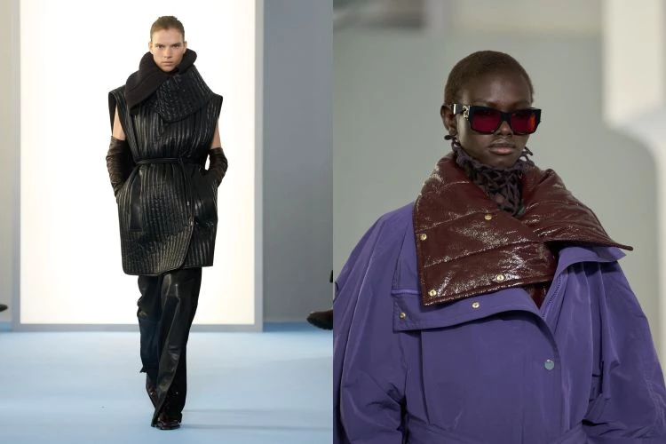Sportmax最擅長的 doublé雙面呢依舊是系列骨架,差別在於:它不再只是高級面料的展示,而被成為結構實驗重要的一環,尤其集中在「領口」,各種立領、漏斗領、包覆式線條,把上半身的姿態直接定型。doublé成為形狀的起點,而雕塑感領口是視覺記憶點,穿上去會有一種被衣服拉直背脊的感覺。
